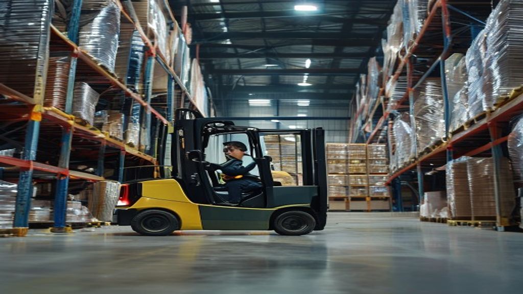 Gambar forklift modern yang disewakan oleh jasa sewa forklift Lampung, siap dukung proyek Anda.