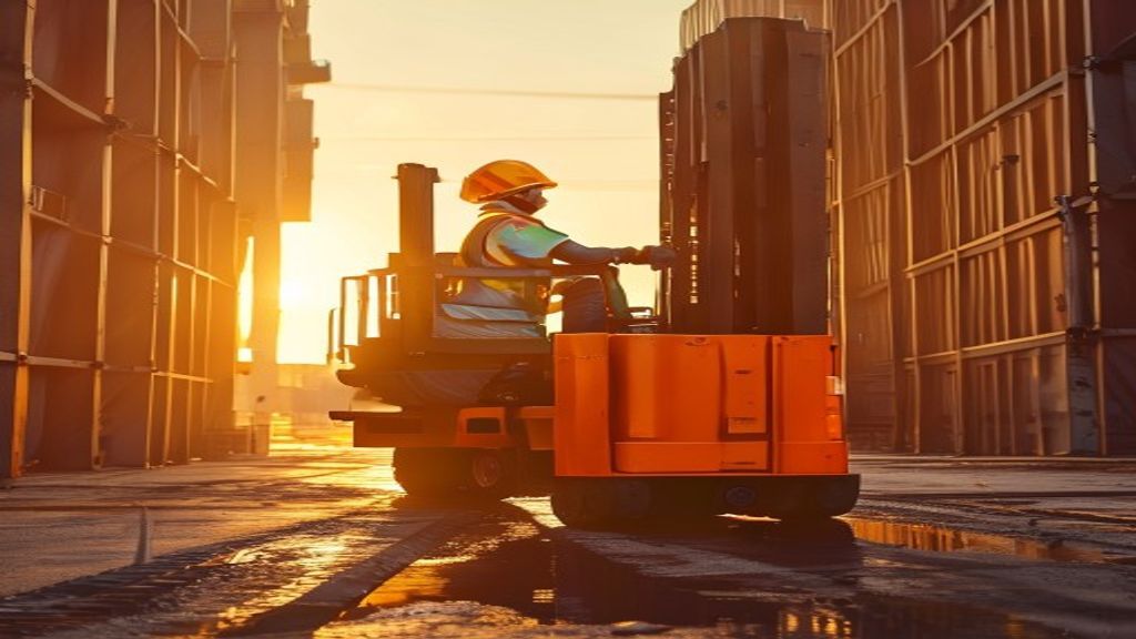 Forklift modern sedang beroperasi di gudang, layanan rental forklift Lampung terpercaya.