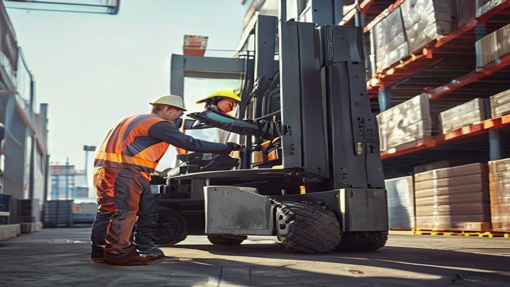 Foto forklift modern dalam layanan rental forklift Lampung, menampilkan kemampuan angkat tinggi di area industri.